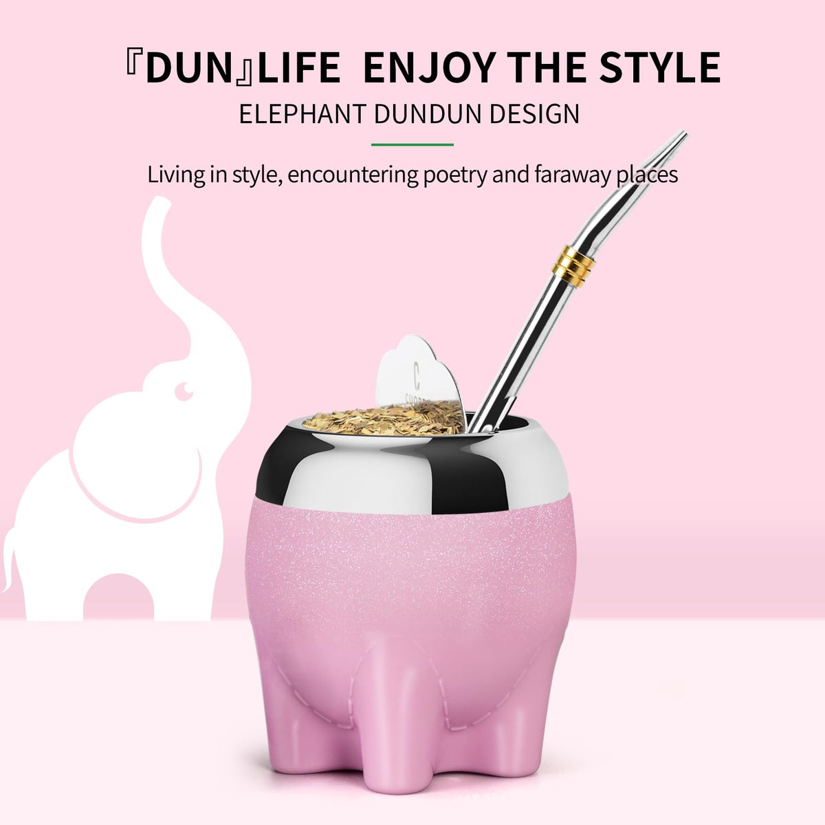 Cuopru Pink Elephant Dundun Yerba Mate Tea Set 5 in 1 Stainless Steel 92mm NEW
