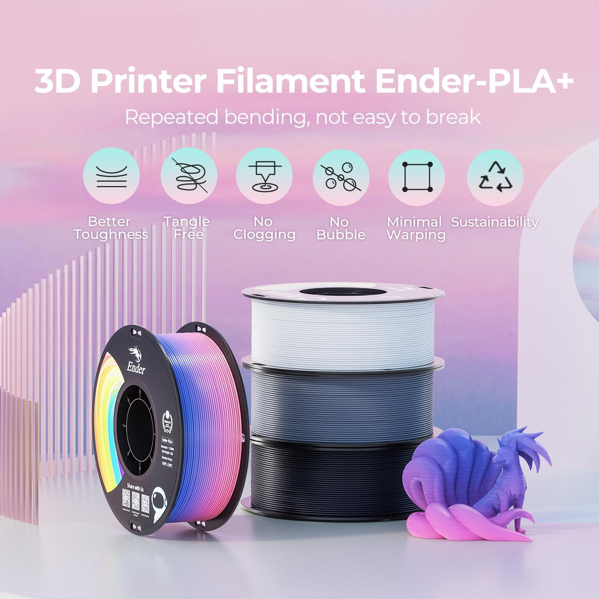 Creality Ender 3D Printer Filament 1.75mm PLA+ Black Rainbow Spool NEW