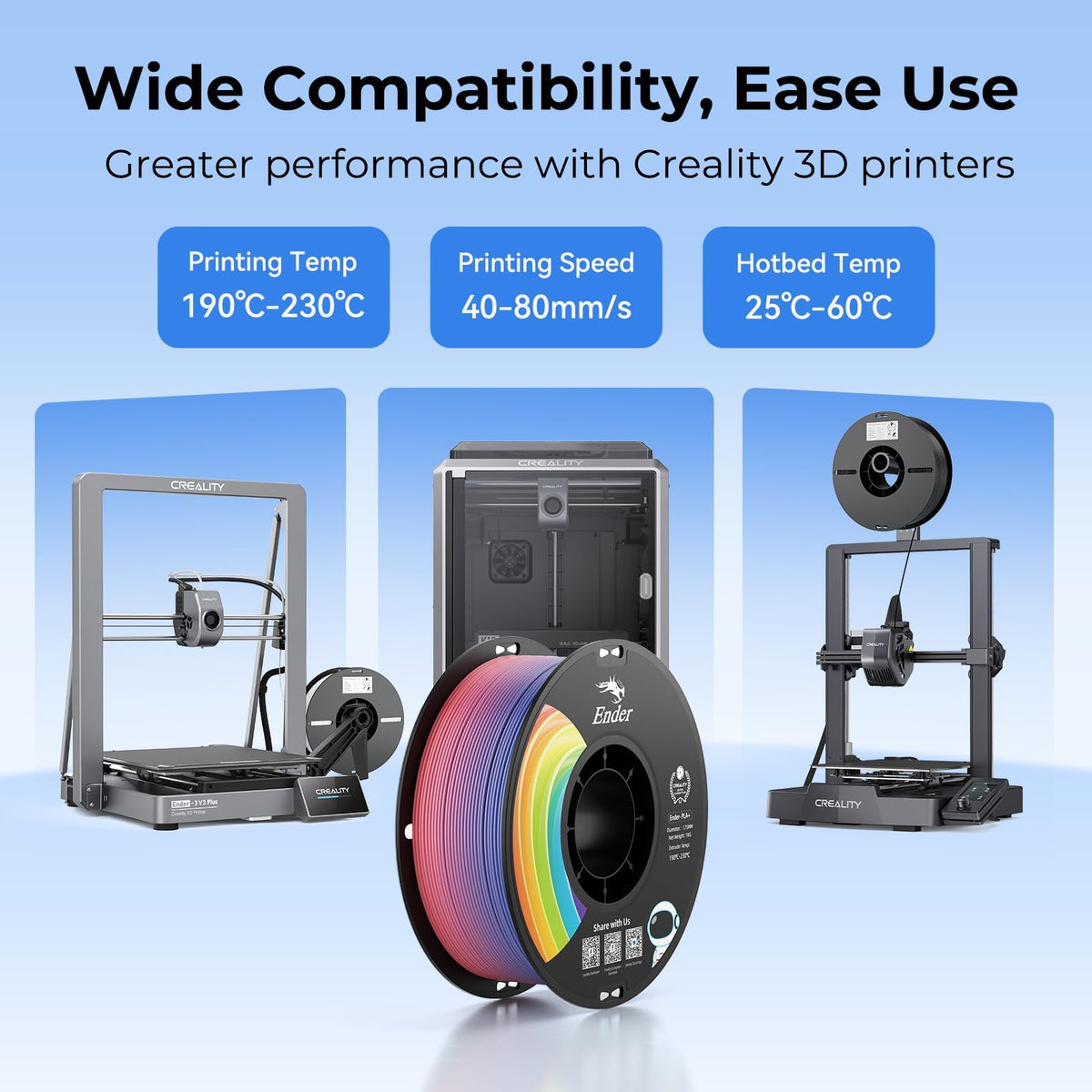 Creality Ender 3D Printer Filament 1.75mm PLA+ Black Rainbow Spool NEW