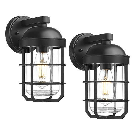 EMLIVIAR Black Outdoor Wall Light Fixtures Porch Sconce Clear 2 Pack NEW