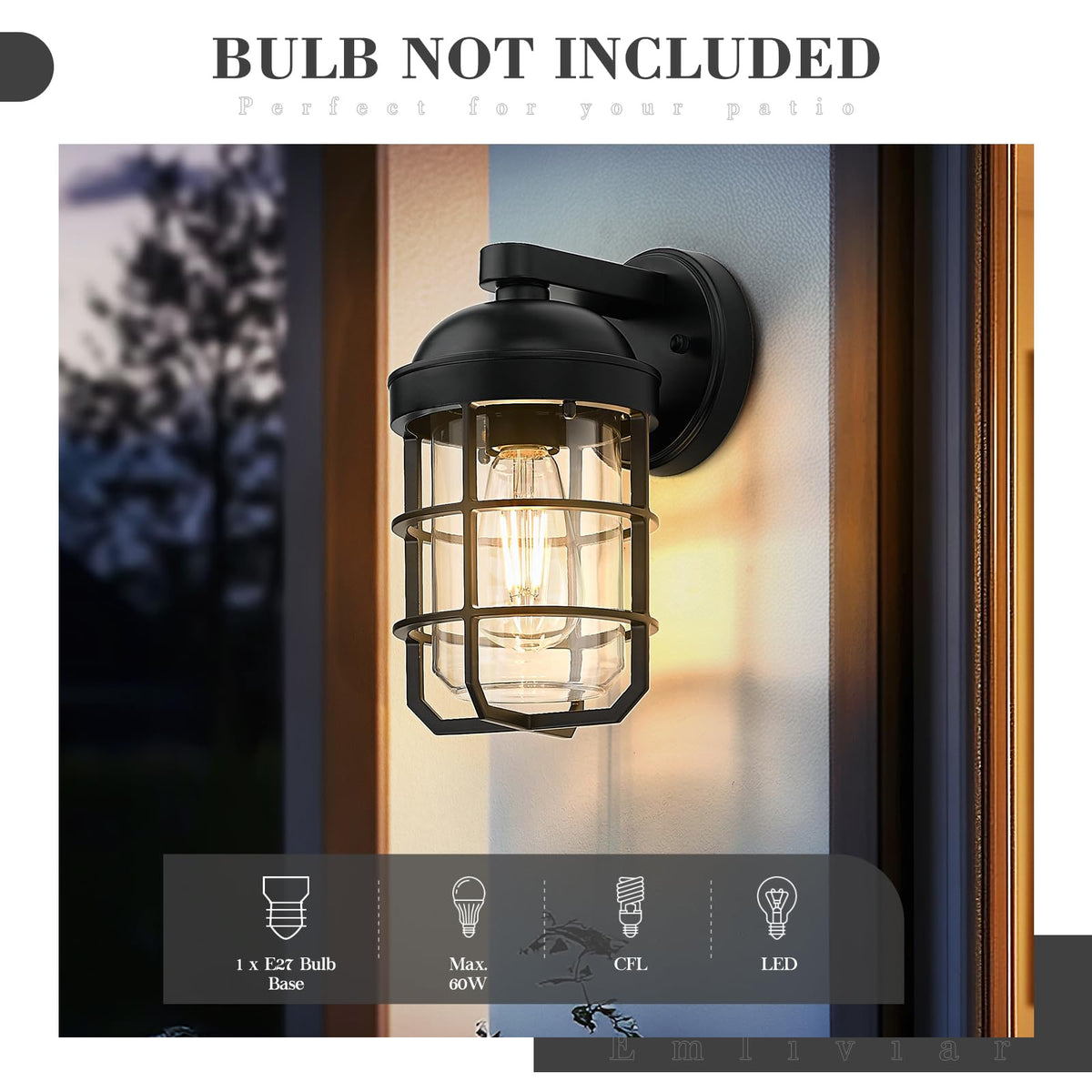EMLIVIAR Black Outdoor Wall Light Fixtures Porch Sconce Clear 2 Pack NEW