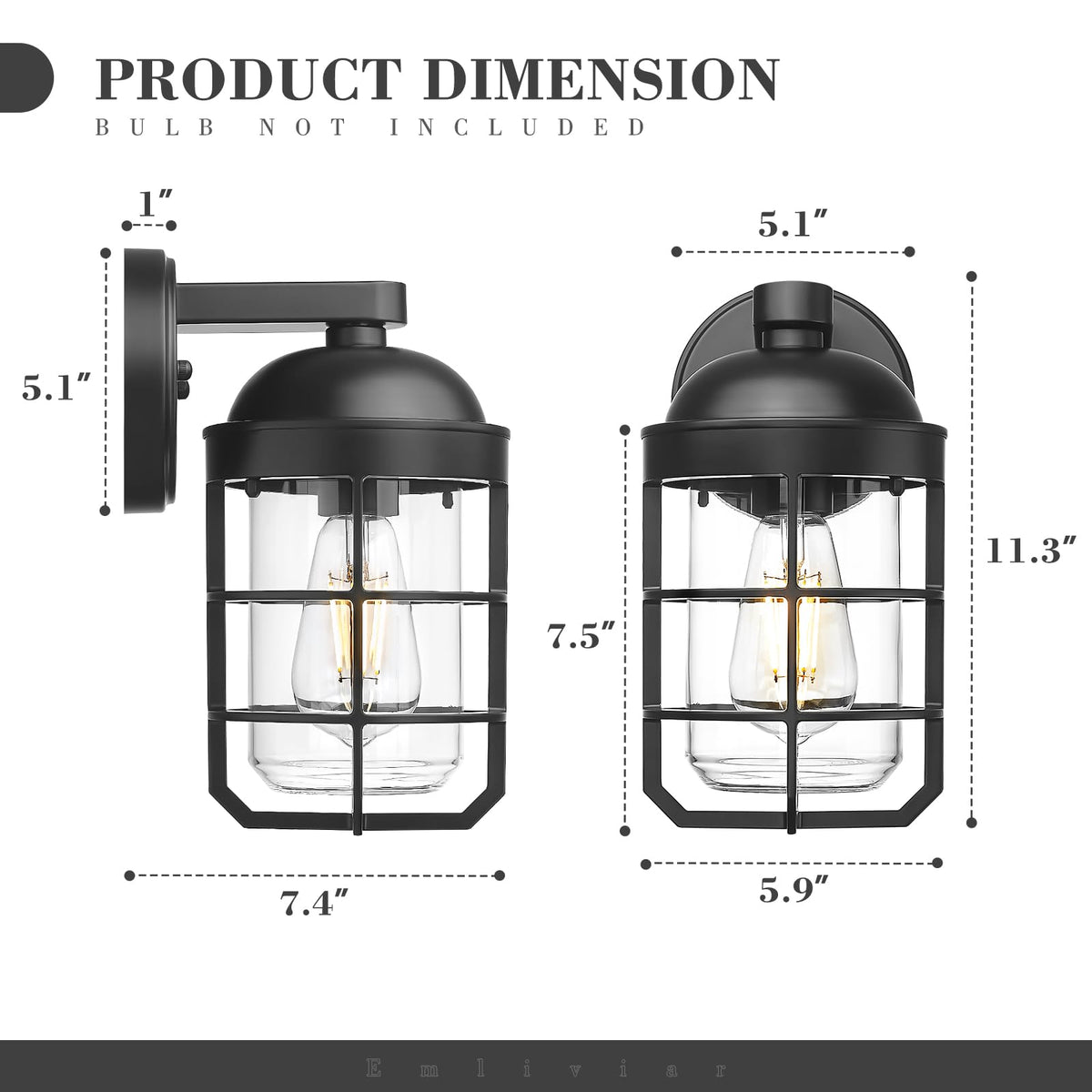 EMLIVIAR Black Outdoor Wall Light Fixtures Porch Sconce Clear 2 Pack NEW