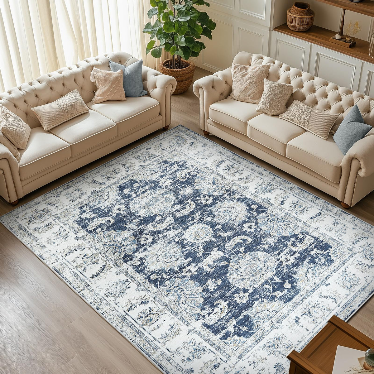 JINCHAN Distressed Dark Blue Washable Area Rug 183x274cm Rectangular NEW