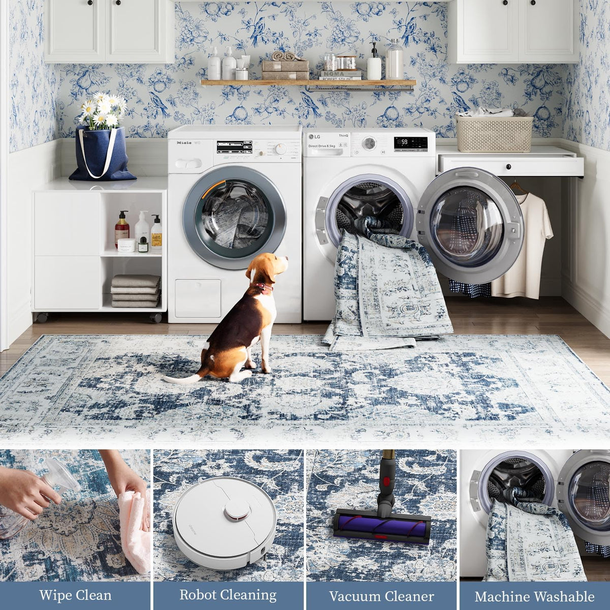 JINCHAN Distressed Dark Blue Washable Area Rug 183x274cm Rectangular NEW