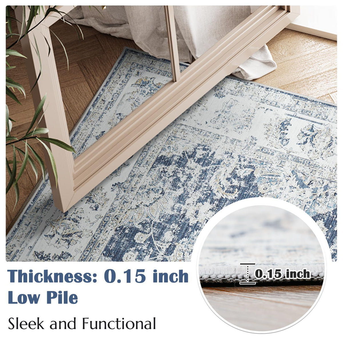 JINCHAN Distressed Dark Blue Washable Area Rug 183x274cm Rectangular NEW