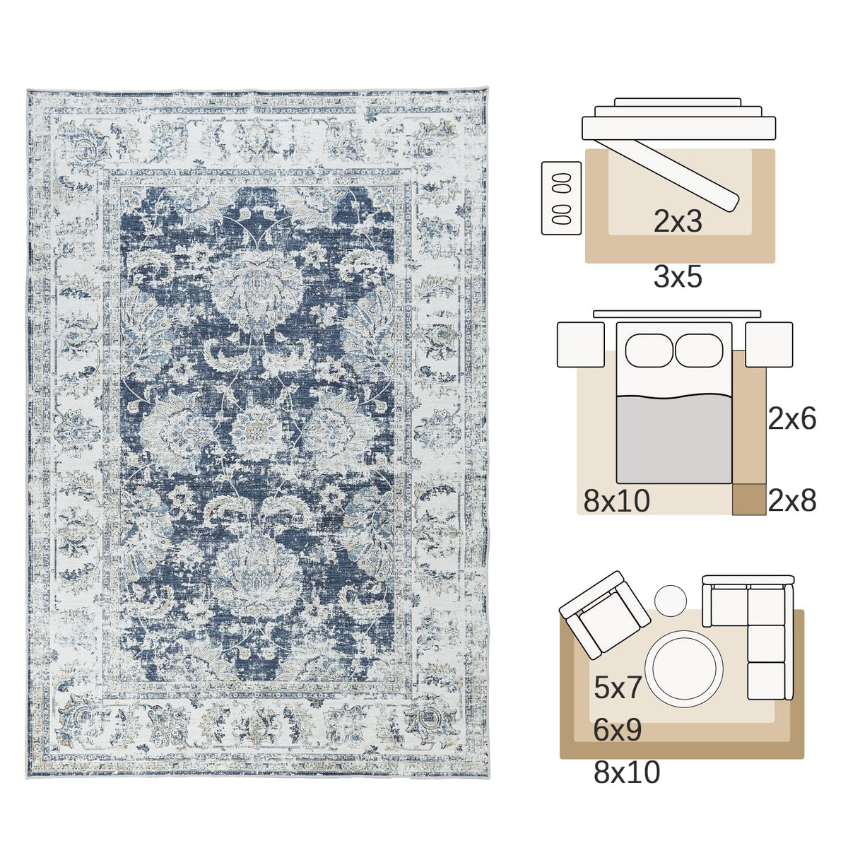 JINCHAN Distressed Dark Blue Washable Area Rug 183x274cm Rectangular NEW