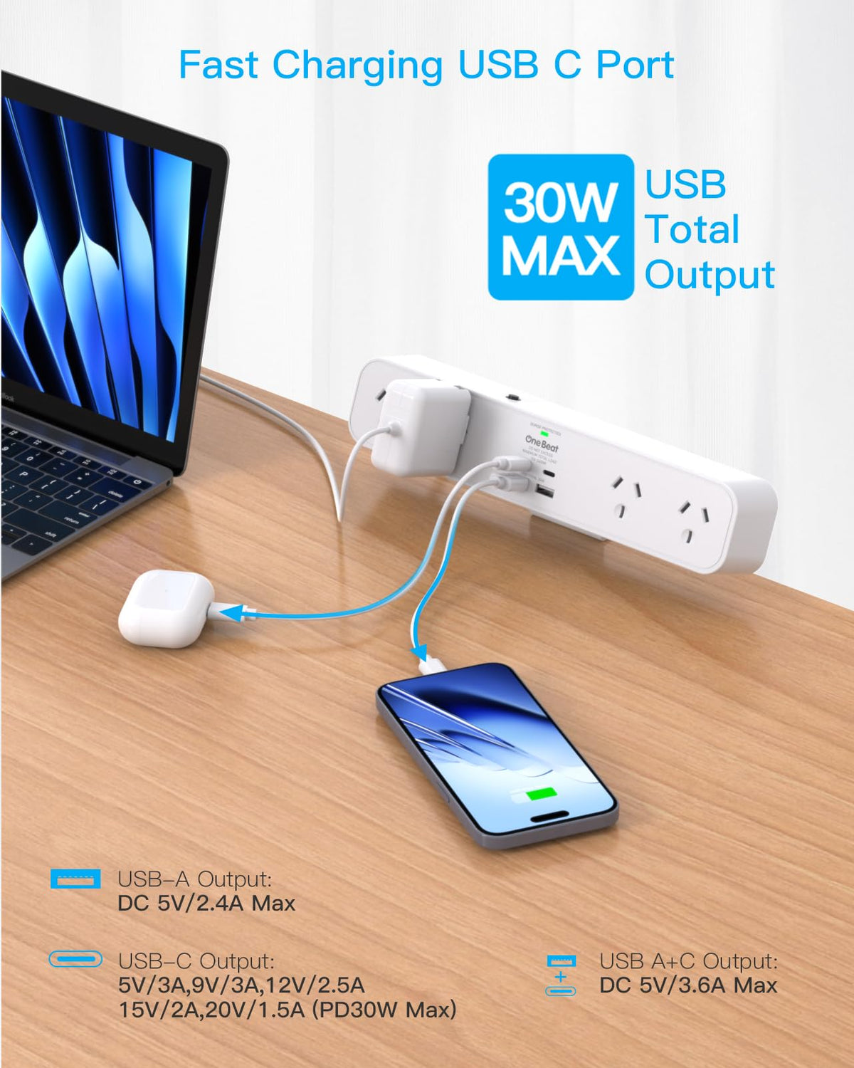 One Beat 30W Desk Clamp Power Strip USB-C Fast Charging White NEW