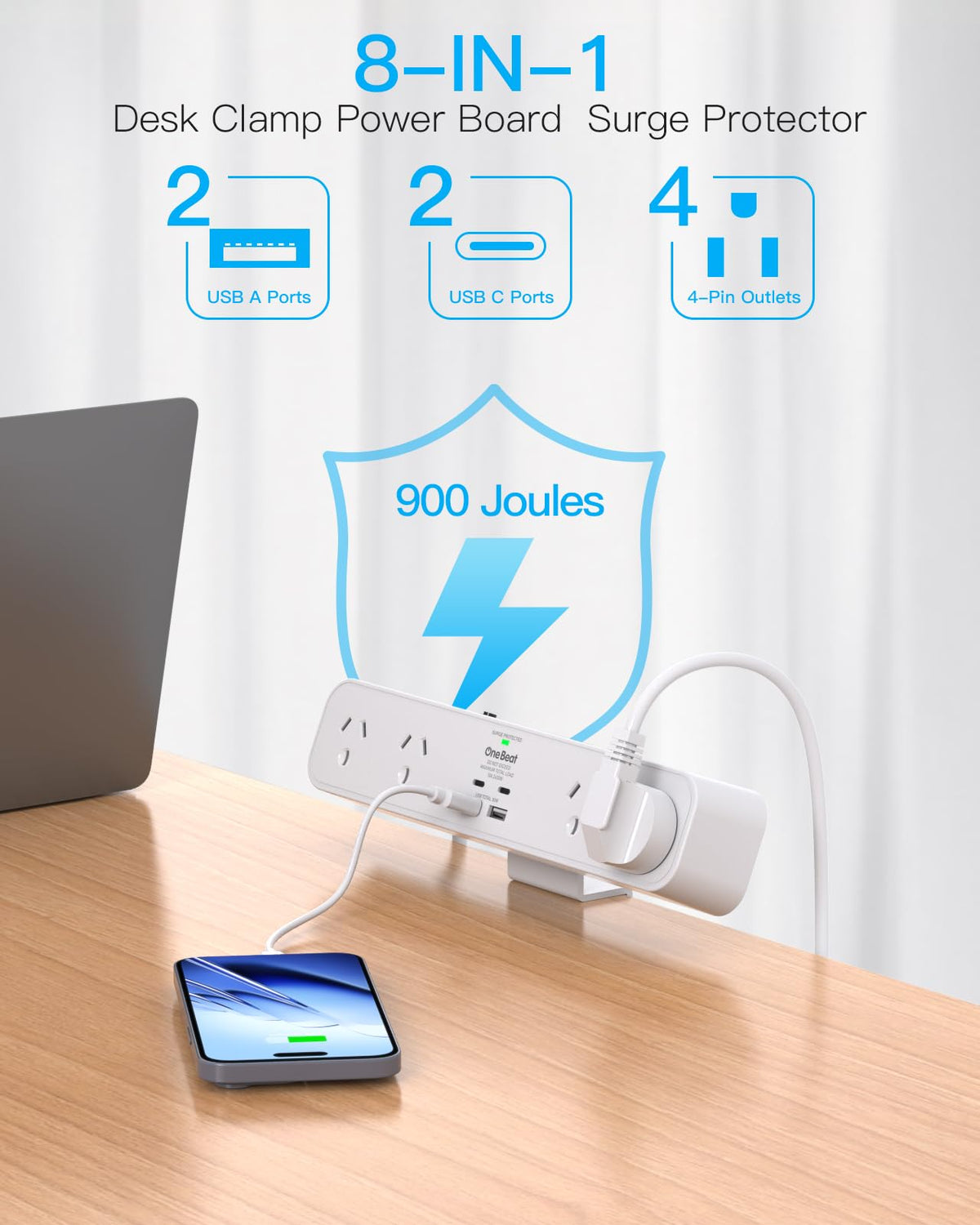 One Beat 30W Desk Clamp Power Strip USB-C Fast Charging White NEW