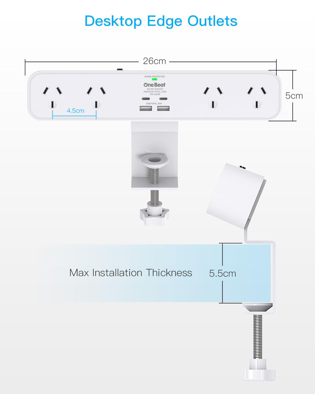 One Beat 30W Desk Clamp Power Strip USB-C Fast Charging White NEW