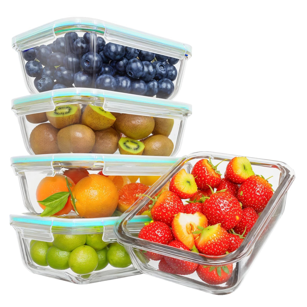 Feshory Large Container 5 Piece Clear Airtight Glass Food Storage Containers NEW