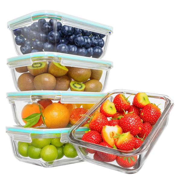 Feshory Large Container 5 Piece Clear Airtight Glass Food Storage Containers NEW