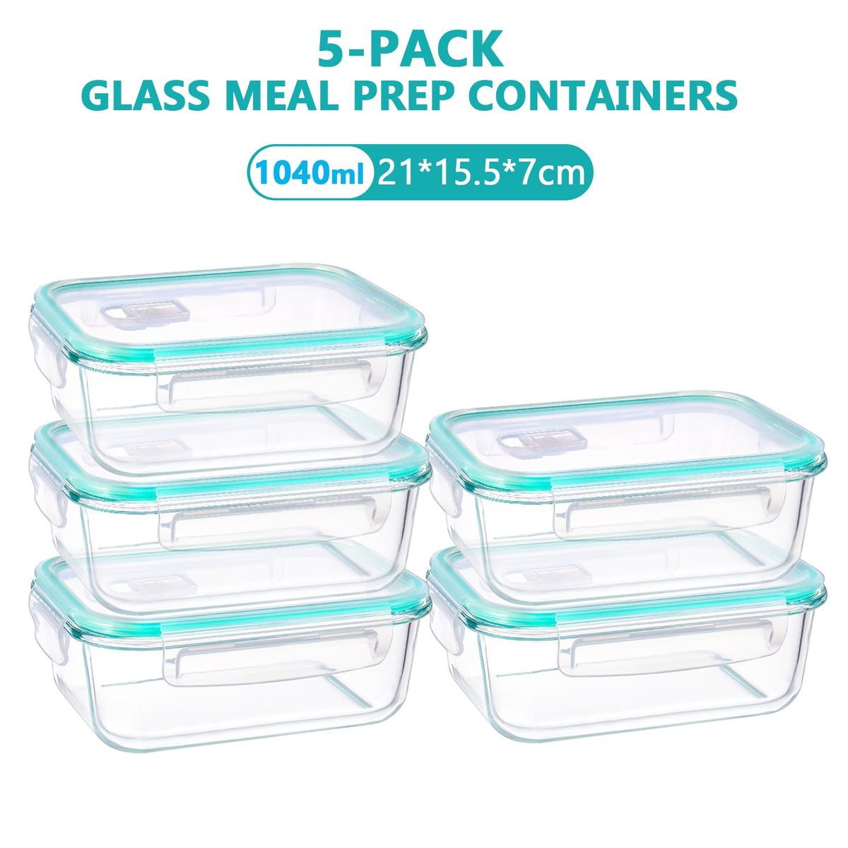 Feshory Large Container 5 Piece Clear Airtight Glass Food Storage Containers NEW