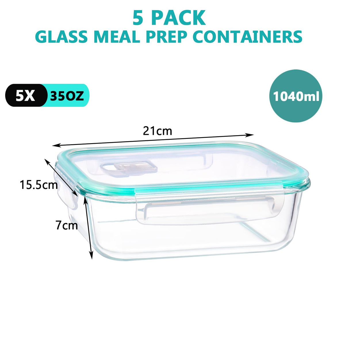 Feshory Large Container 5 Piece Clear Airtight Glass Food Storage Containers NEW