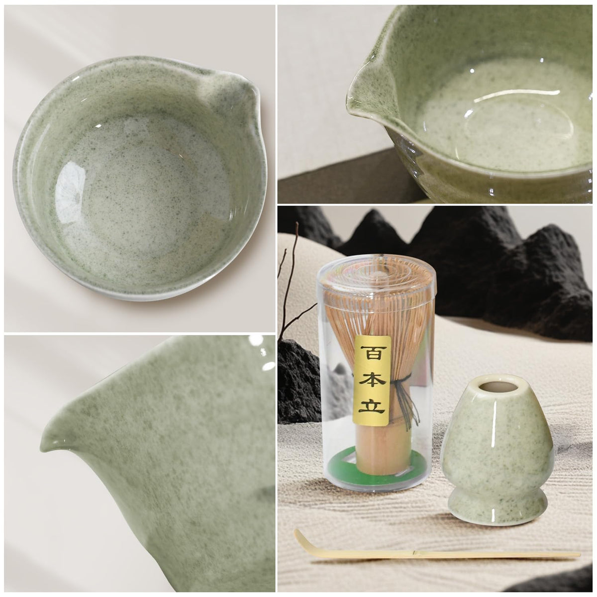 Zerina 4Pce Japanese Tea Ceremony Matcha Whisk Set White Green Speckle NEW