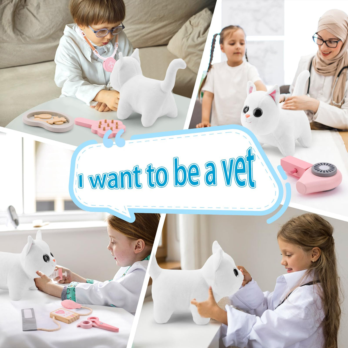 UMU Wooden Doctor Play Set 37 Piece Deluxe Kids Pretend Toy With White Cat DEMO