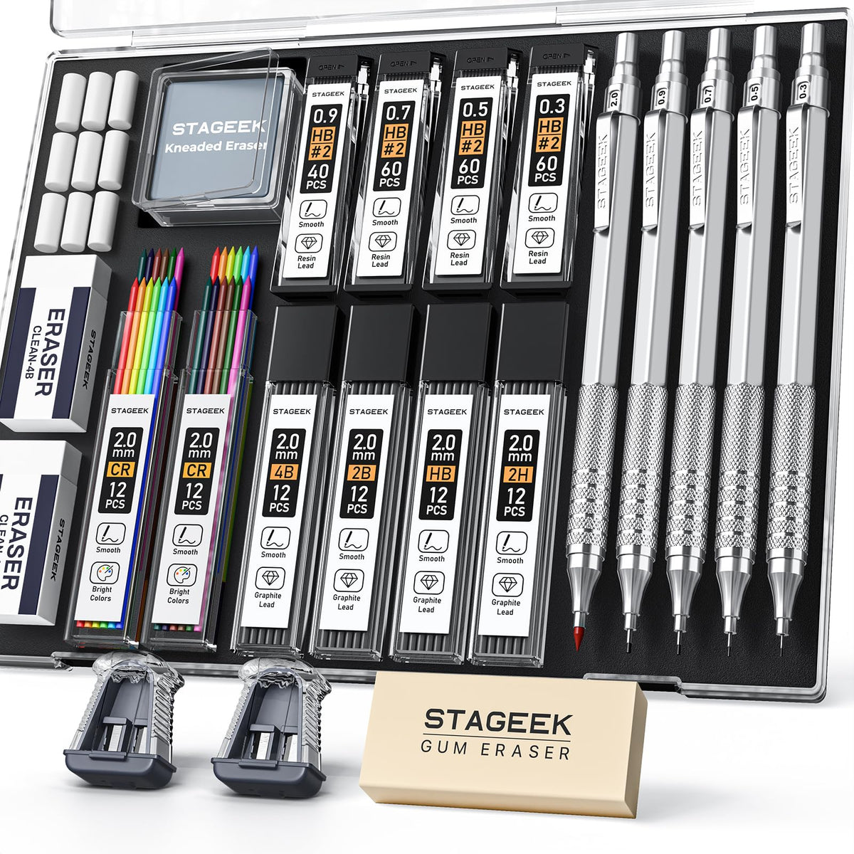 STAGEEK Metal Mechanical Pencil Set 21pc Silver Drafting Writing NEW