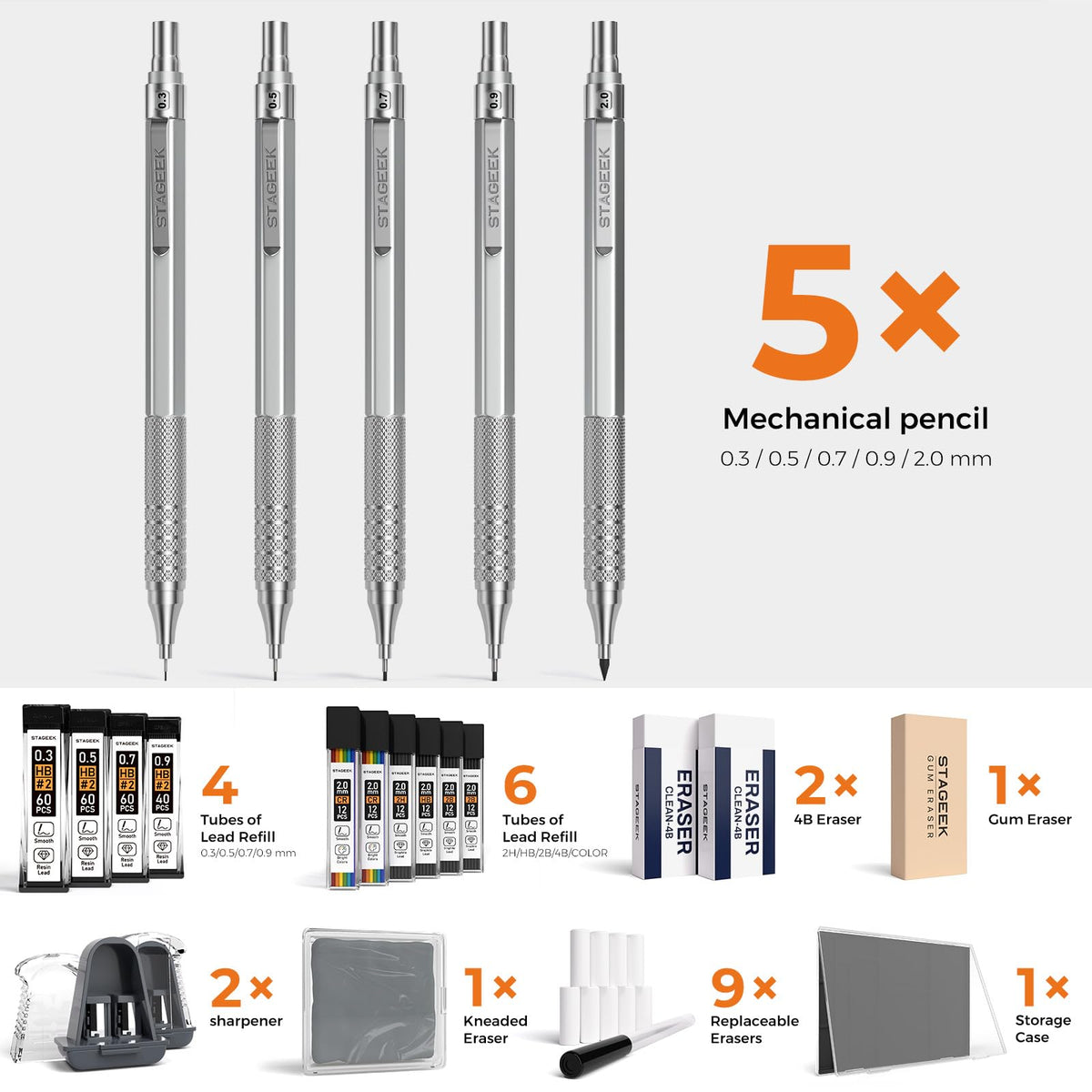 STAGEEK Metal Mechanical Pencil Set 21pc Silver Drafting Writing NEW