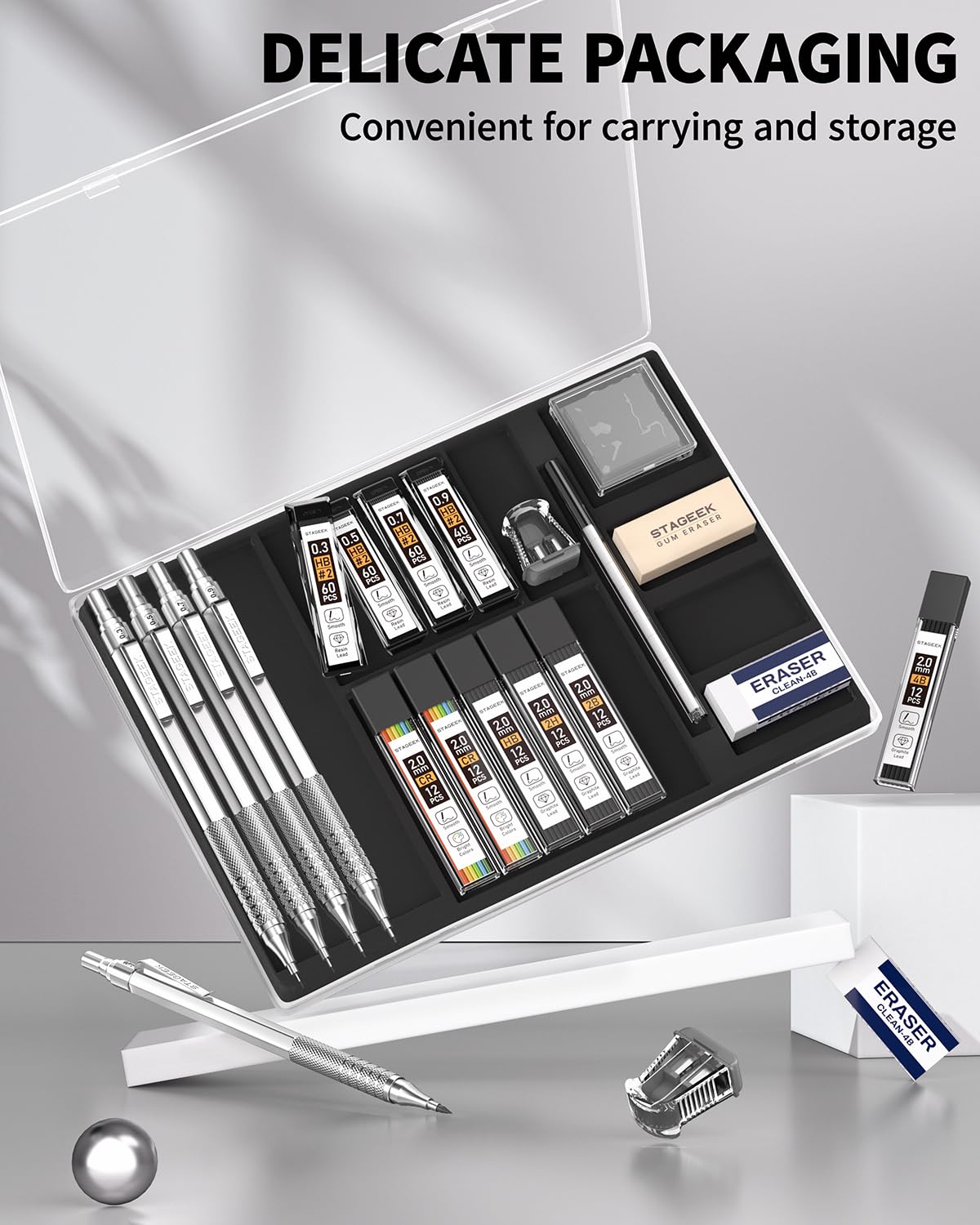 STAGEEK Metal Mechanical Pencil Set 21pc Silver Drafting Writing NEW