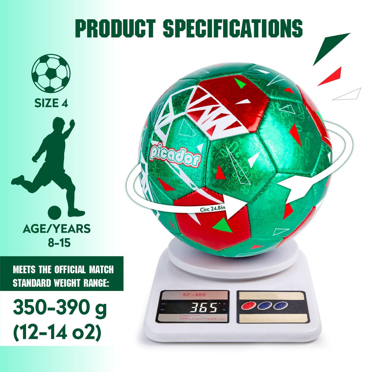 PP PICADOR Size 4 Soccer Ball Metallic Red/Green Laser Training & Pump NEW