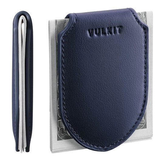 VULKIT Magnetic Men's Money Clip Genuine Leather Wallet Navy Blue NEW