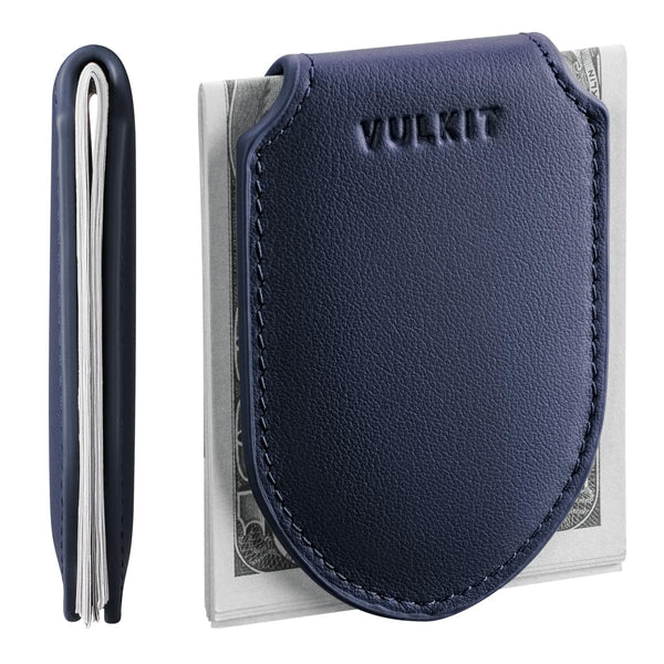 VULKIT Magnetic Men's Money Clip Genuine Leather Wallet Navy Blue NEW