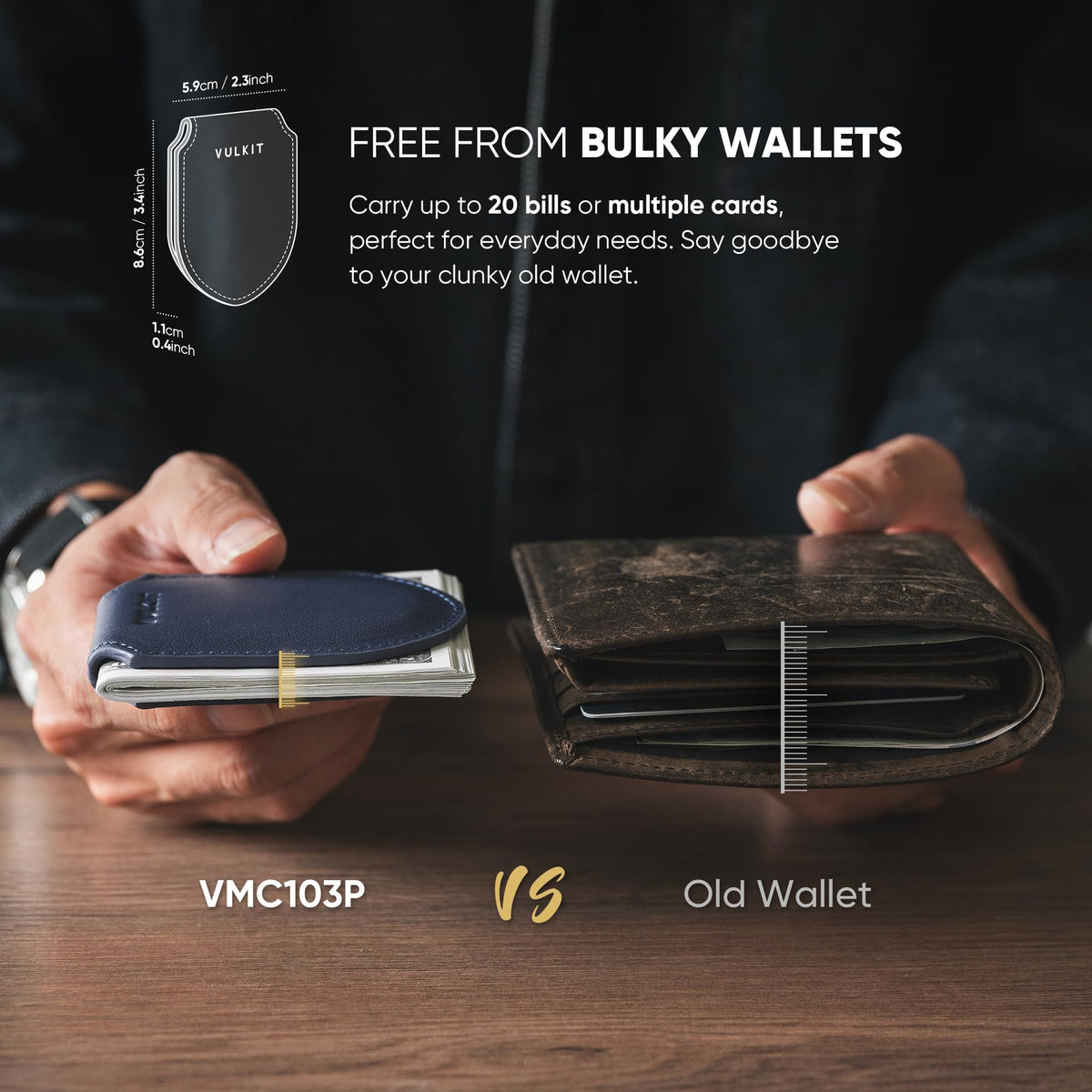 VULKIT Magnetic Men's Money Clip Genuine Leather Wallet Navy Blue NEW