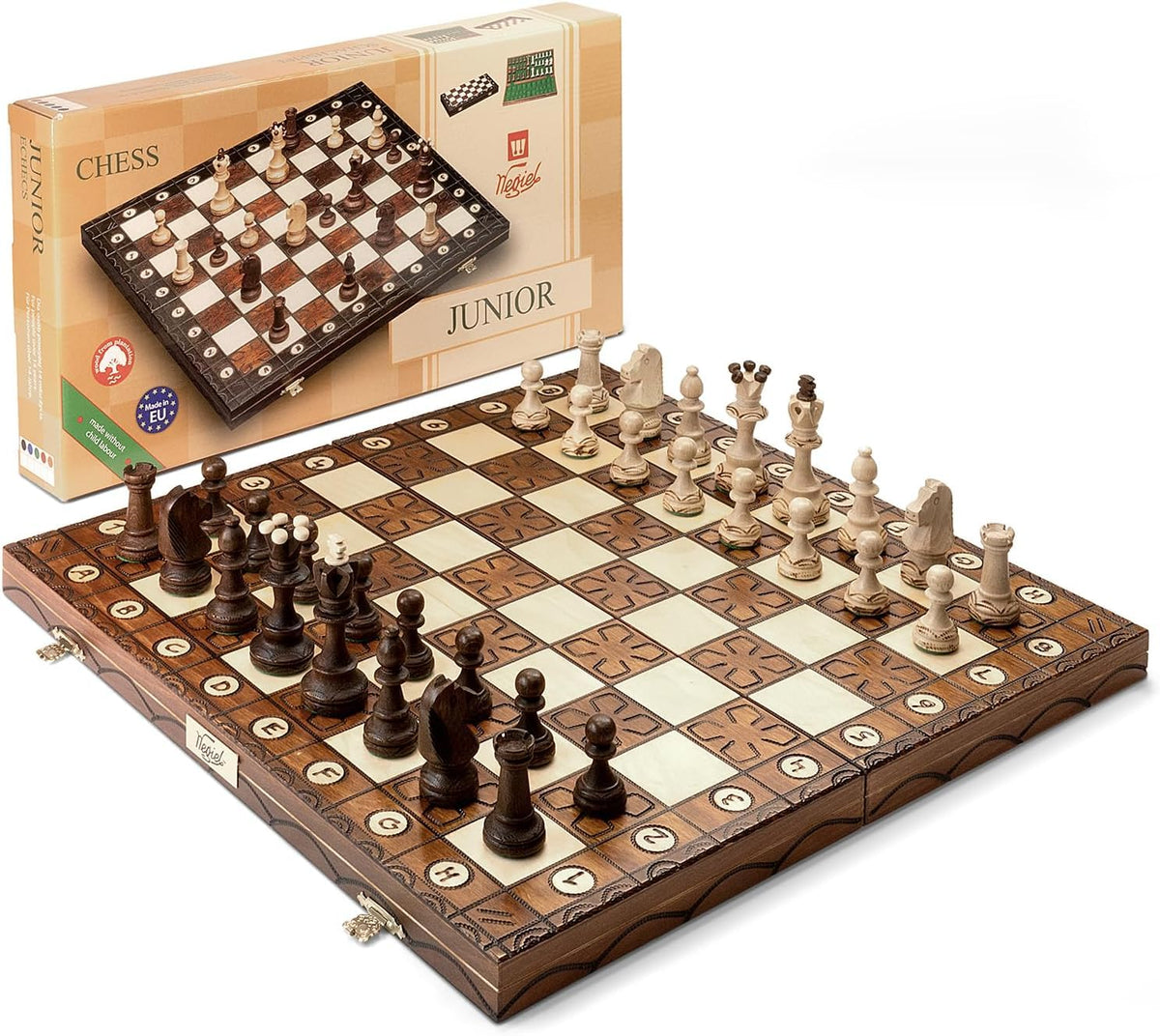 Handmade European Board Games Wooden Chess Set Junior with Decorative Box NEW