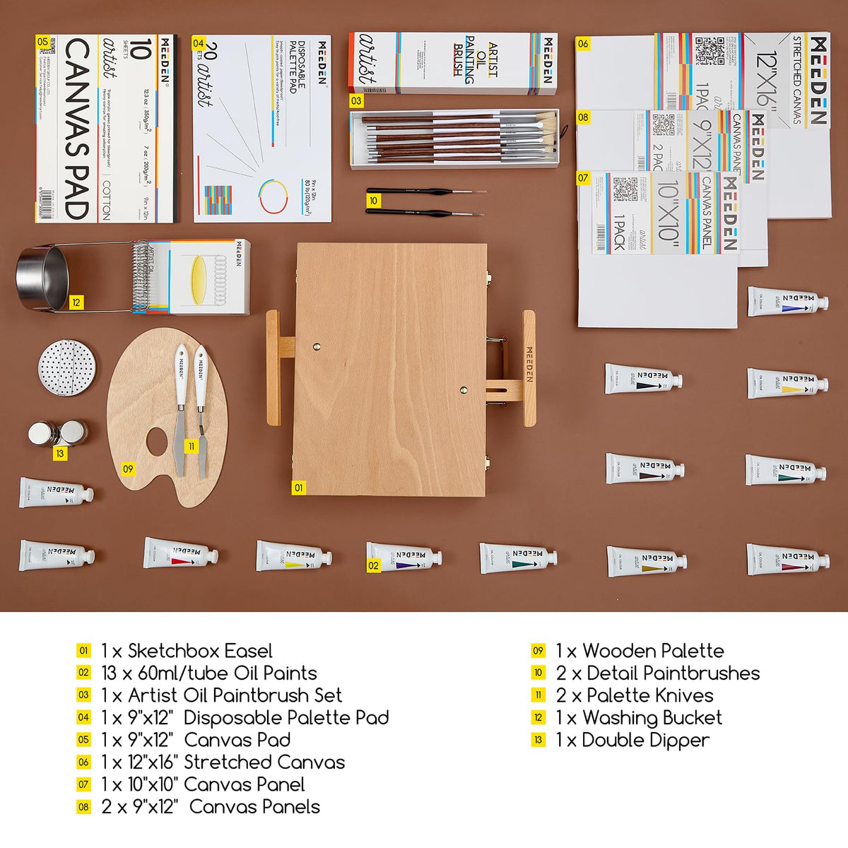 MEEDEN Art Easels Oil Painting Kit 37Pcs All-in-One Easel Box Artist Set NEW