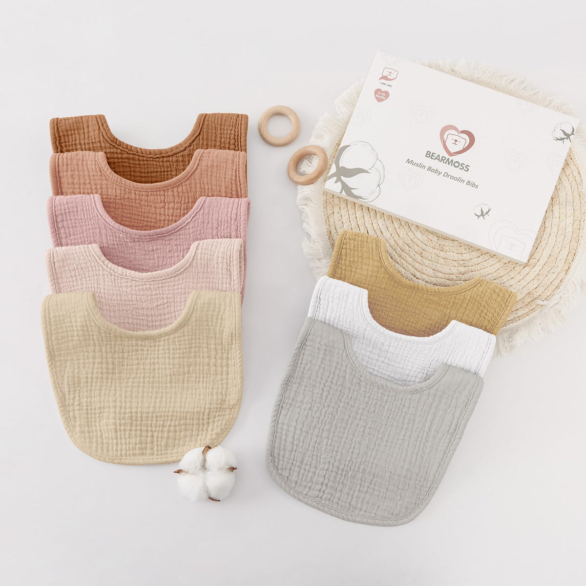 Bearmoss Muslin Dribble Drooling Bibs 8 Pack Pink Brown Tones One Size NEW