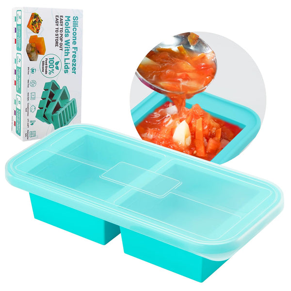 SHIKORI Large Containers Silicone Freezer Trays with Lid - Pale Blue 2 Cup NEW