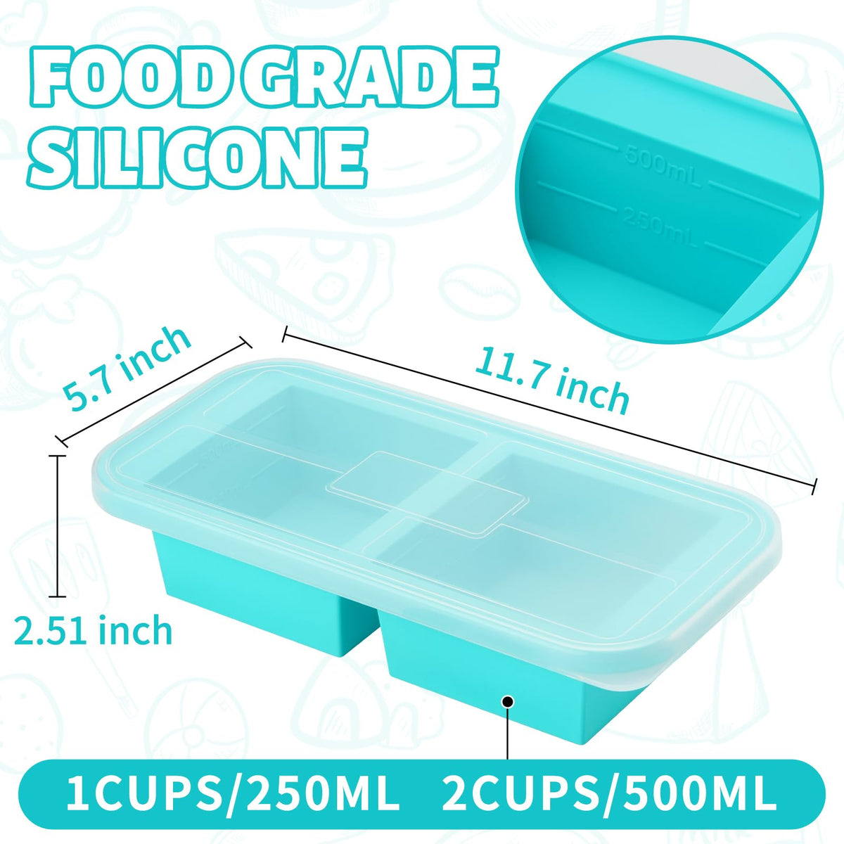 SHIKORI Large Containers Silicone Freezer Trays with Lid - Pale Blue 2 Cup NEW