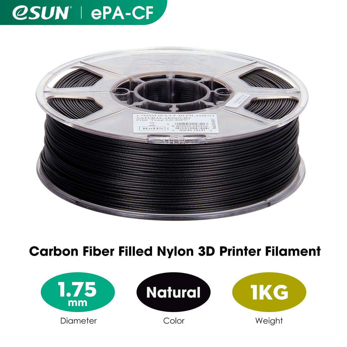 eSUN Nylon6 Printers Carbon Fiber 3D Printer Filament 1.75mm 1KG Black NEW