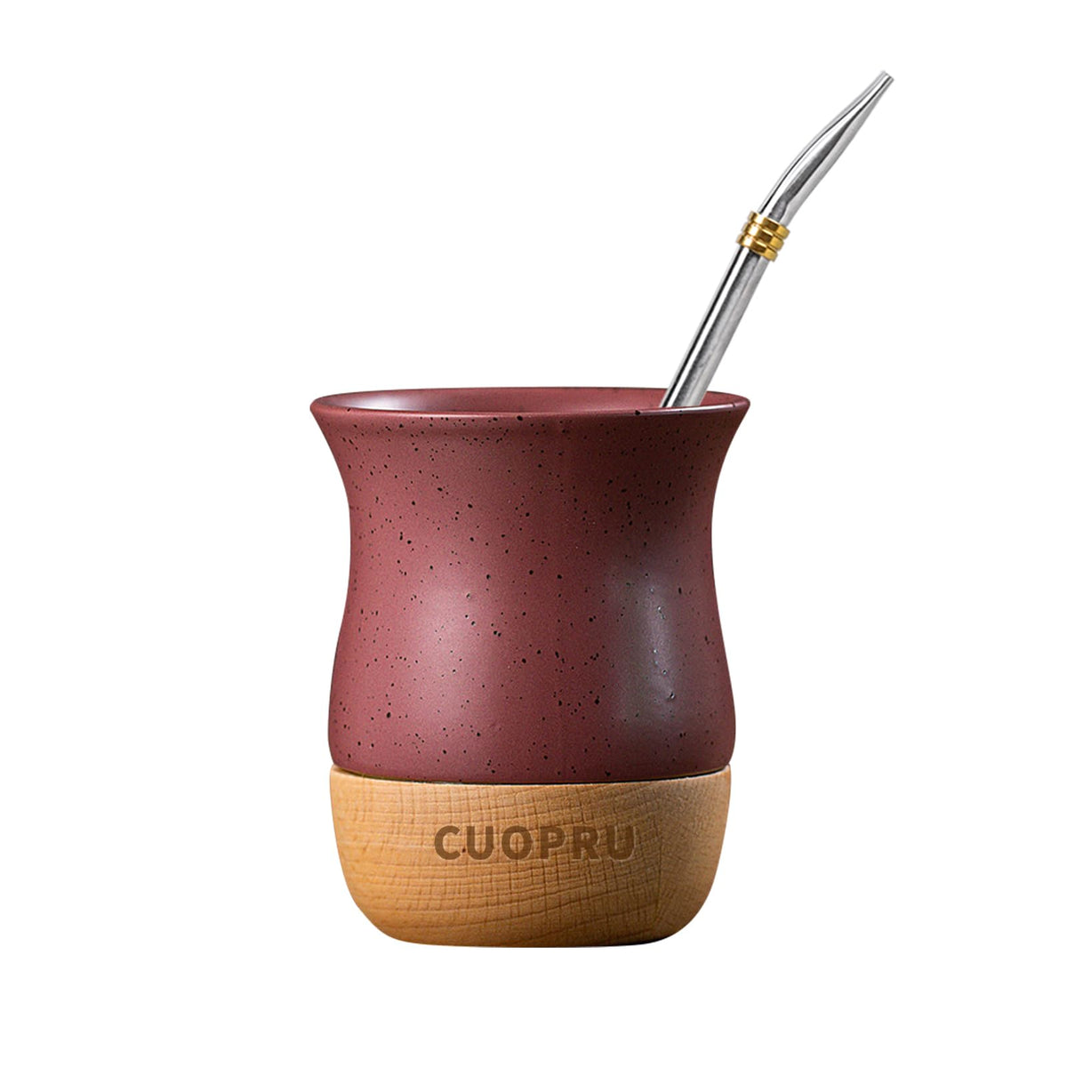 Cuopru Large Chocolate Brown Ceramic Yerba Mate Cup with Wood Base NEW