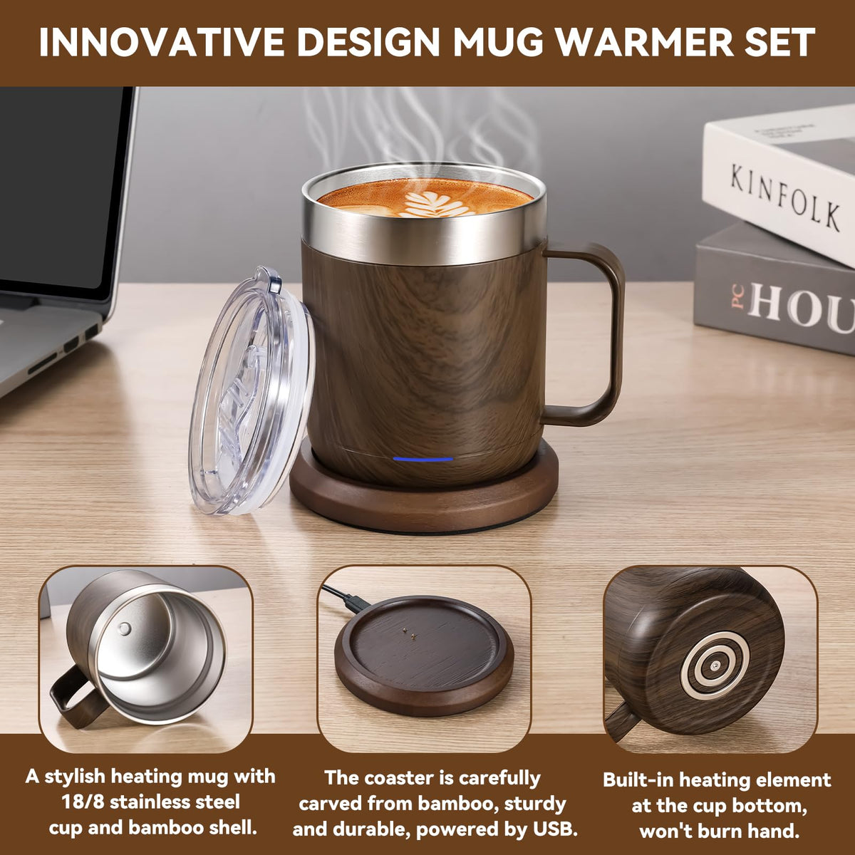 HottKiiper Smart Temperature Control Wood 12oz Heated Coffee Mug NEW