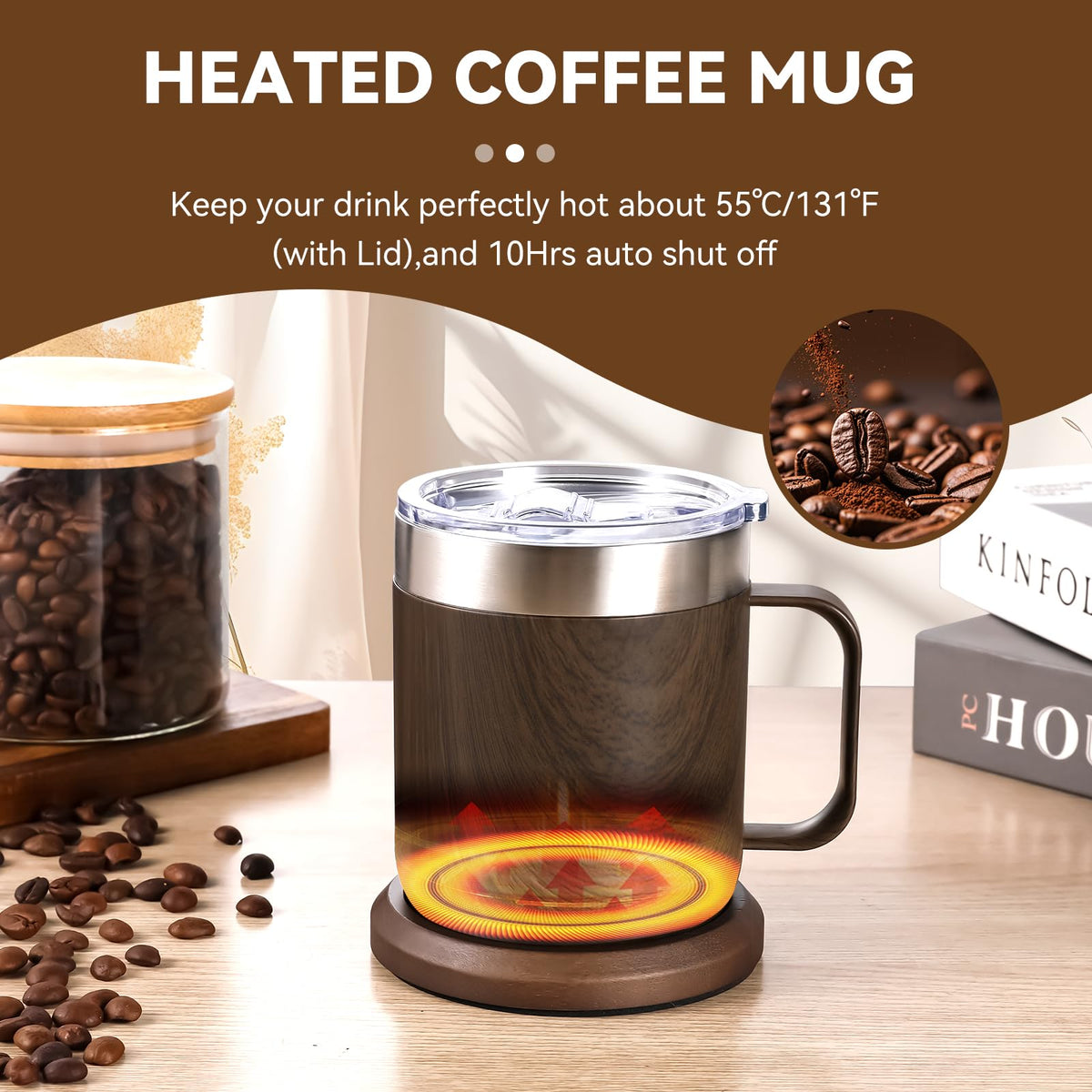 HottKiiper Smart Temperature Control Wood 12oz Heated Coffee Mug NEW