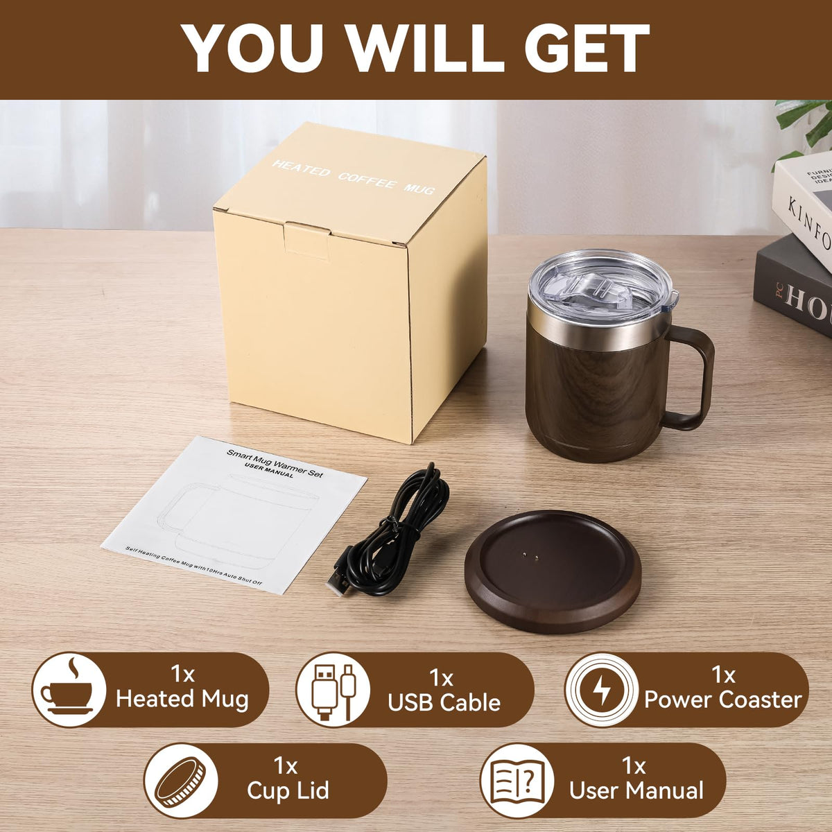 HottKiiper Smart Temperature Control Wood 12oz Heated Coffee Mug NEW