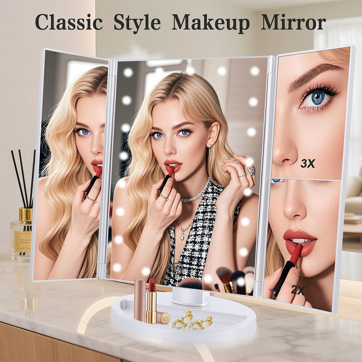 Deweisn Tri-Fold Lighted Vanity Makeup Mirror with 21 LED Lights White NEW