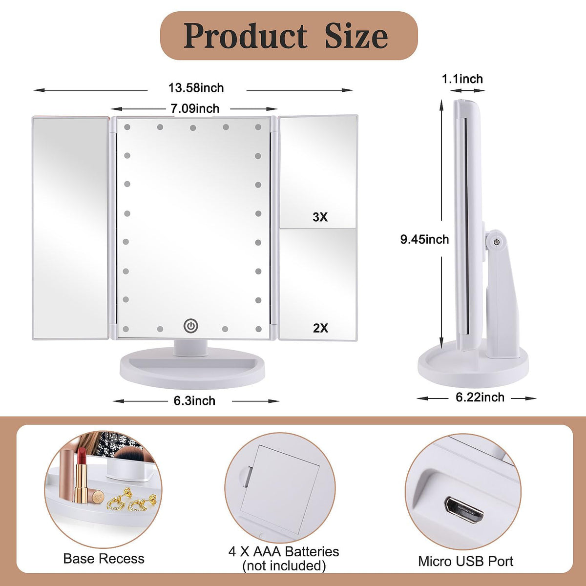 Deweisn Tri-Fold Lighted Vanity Makeup Mirror with 21 LED Lights White NEW