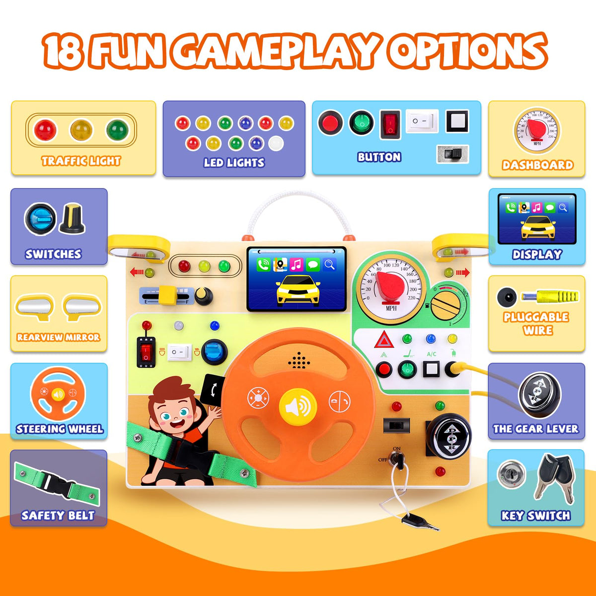 Iabedi Play And Learn Yellow Wooden Busy Board Montessori Toy NEW
