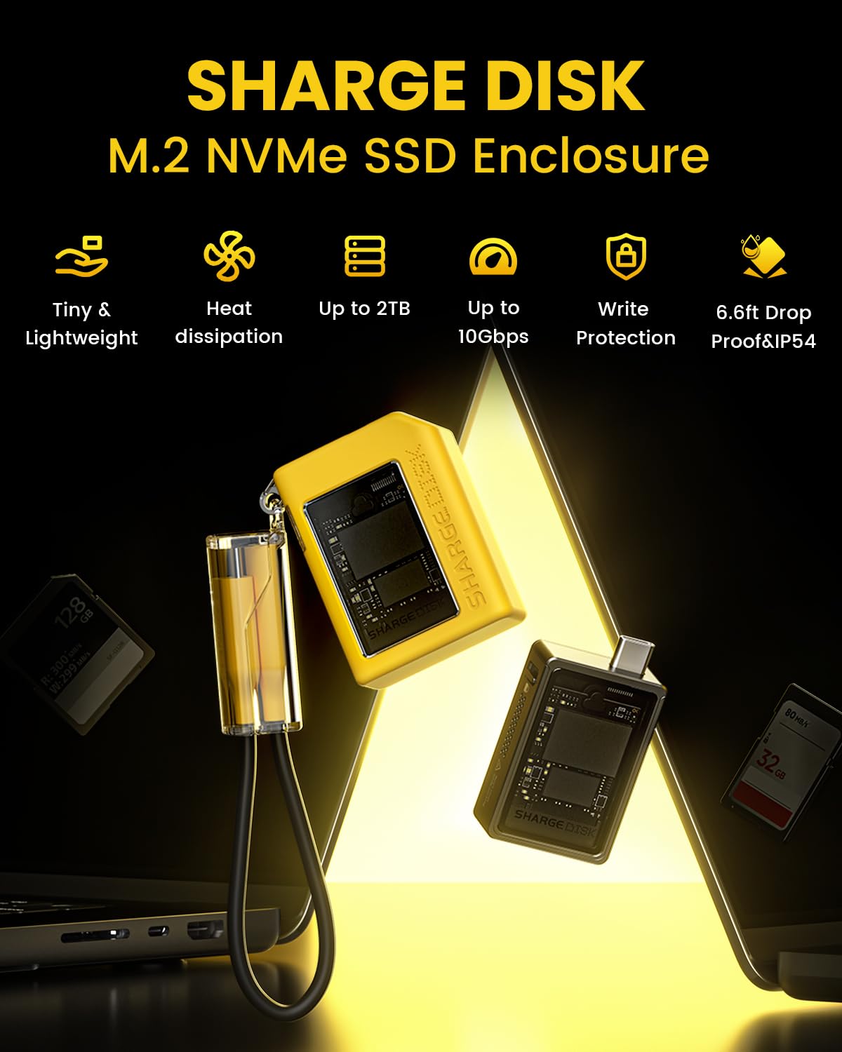 Sharge Disk Enclosures M.2 NVMe SSD Enclosure Active Cooling - Yellow DEMO