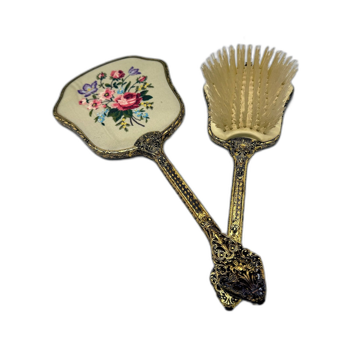 VINTAGE Vanity Set Hand Mirror & Hair Brush Embroidered Cream Gold-Tone Metal