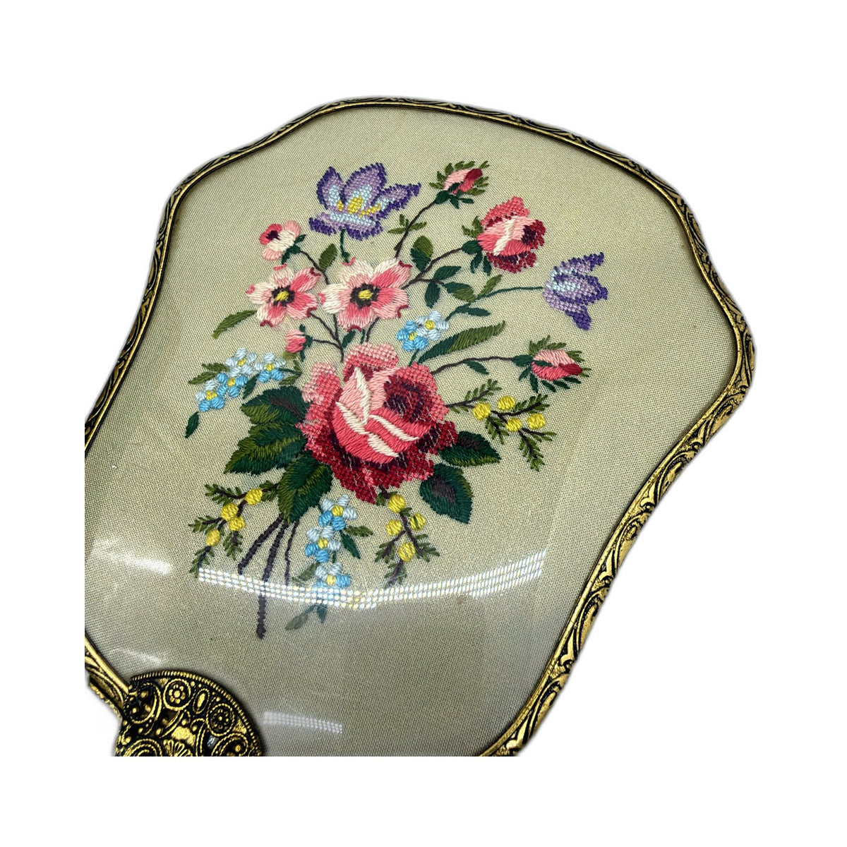 VINTAGE Vanity Set Hand Mirror & Hair Brush Embroidered Cream Gold-Tone Metal