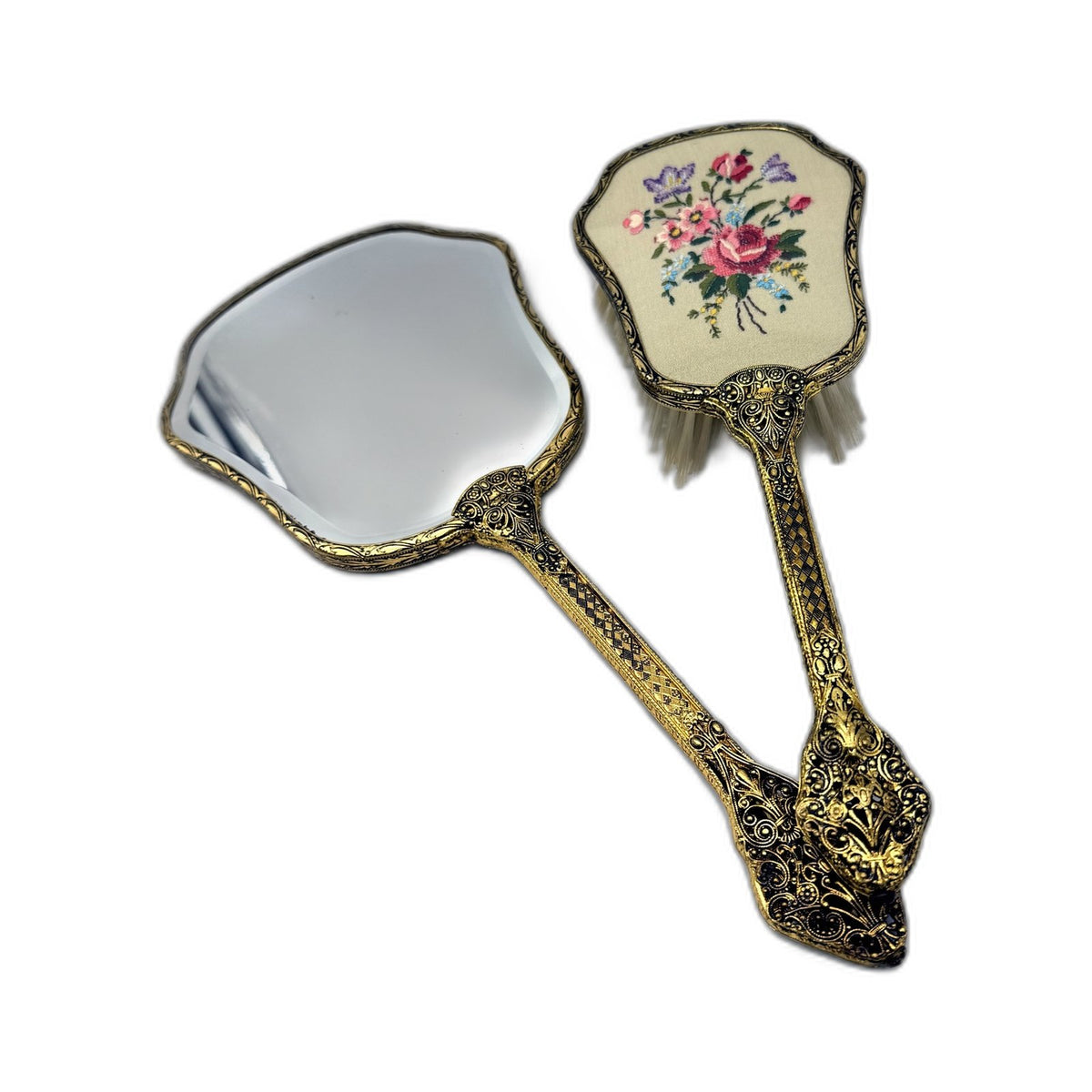 VINTAGE Vanity Set Hand Mirror & Hair Brush Embroidered Cream Gold-Tone Metal