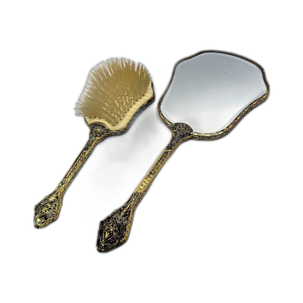 VINTAGE Vanity Set Hand Mirror & Hair Brush Embroidered Cream Gold-Tone Metal