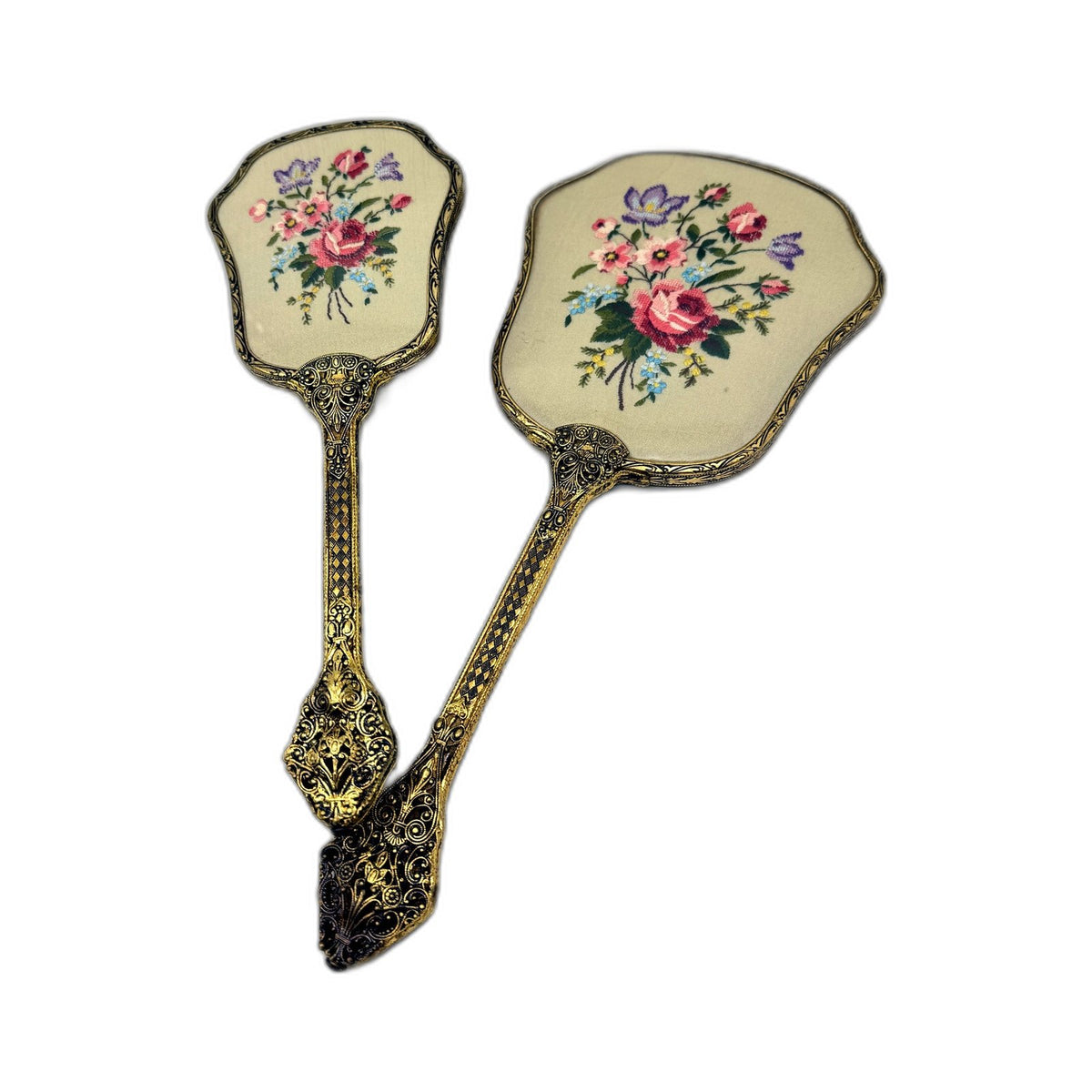 VINTAGE Vanity Set Hand Mirror & Hair Brush Embroidered Cream Gold-Tone Metal