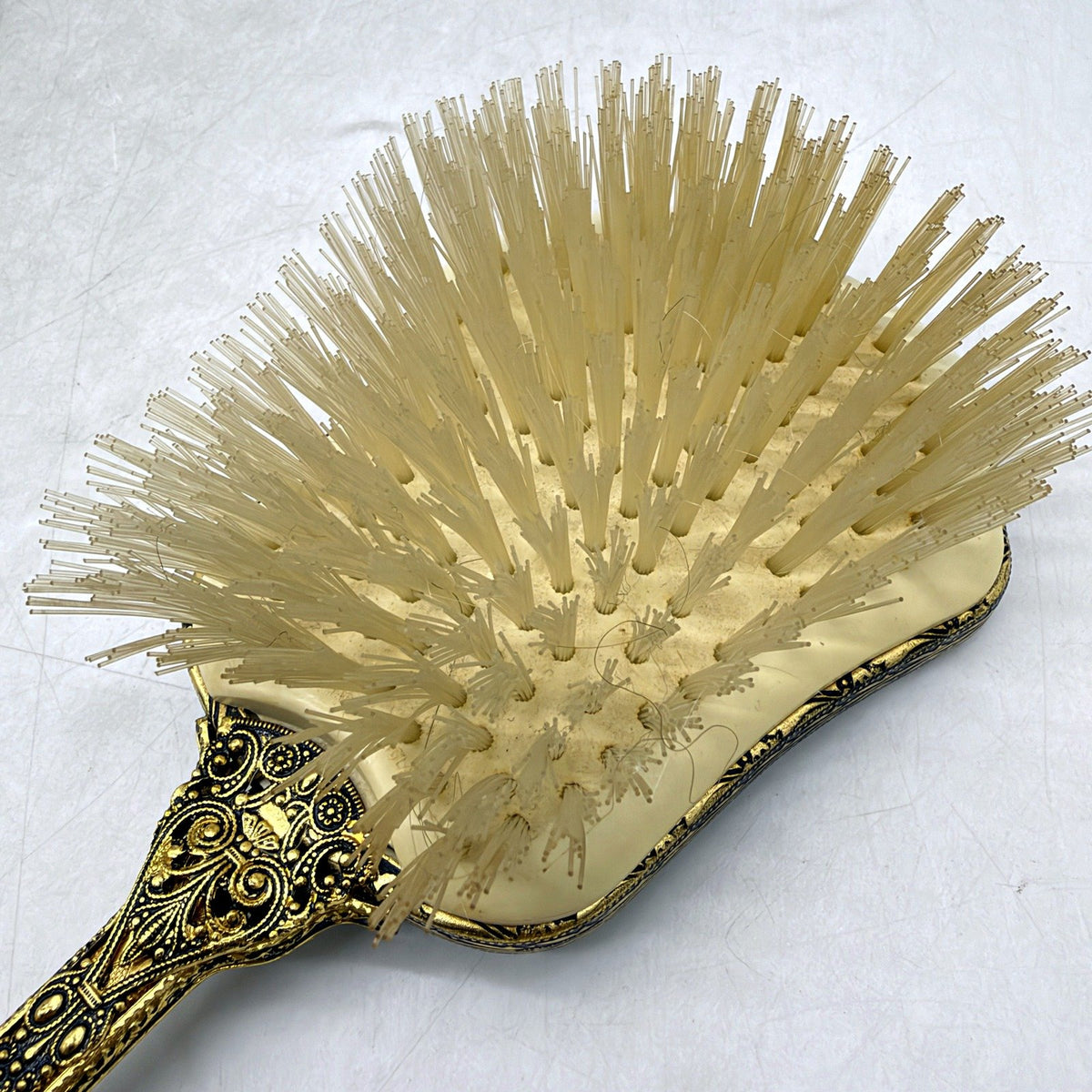 VINTAGE Vanity Set Hand Mirror & Hair Brush Embroidered Cream Gold-Tone Metal