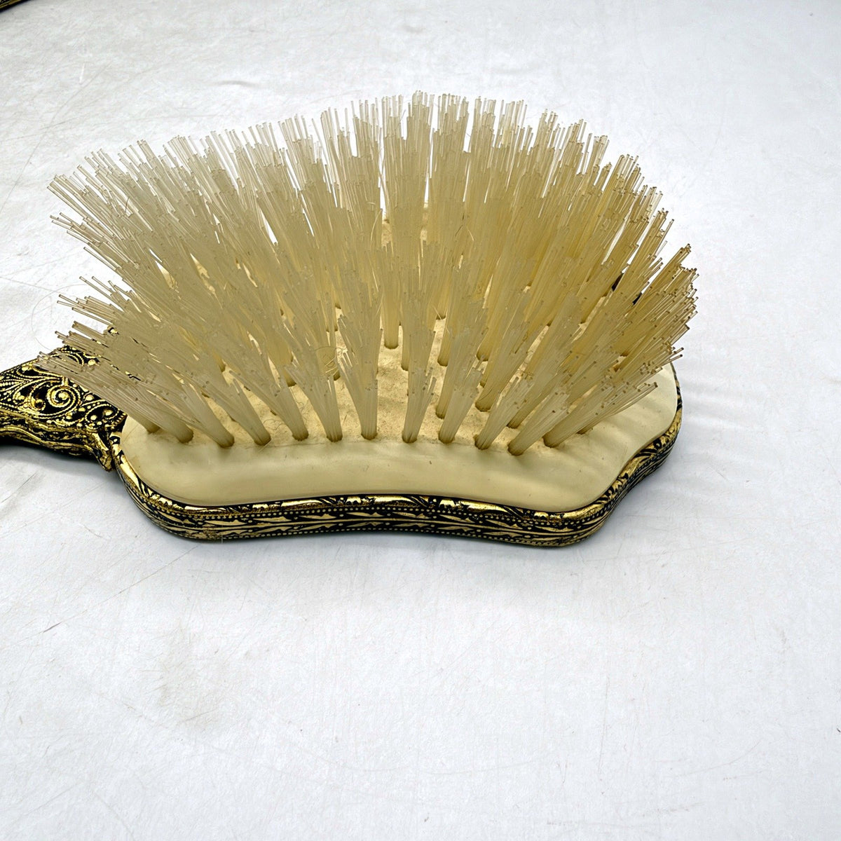 VINTAGE Vanity Set Hand Mirror & Hair Brush Embroidered Cream Gold-Tone Metal