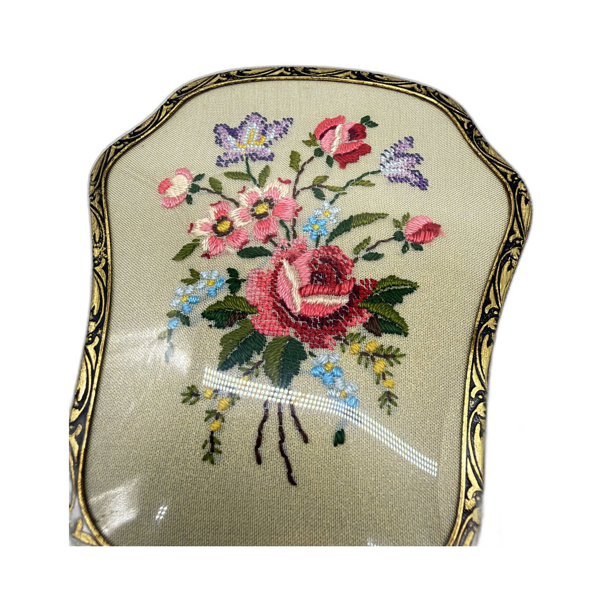 VINTAGE Vanity Set Hand Mirror & Hair Brush Embroidered Cream Gold-Tone Metal