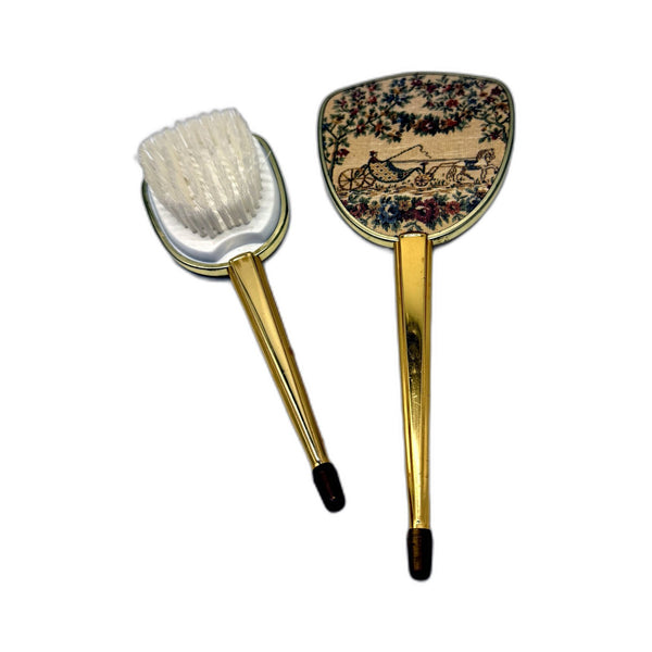 VINTAGE Hand Mirror and Brush Vanity Set Cream Beige Embroidered Tapestry