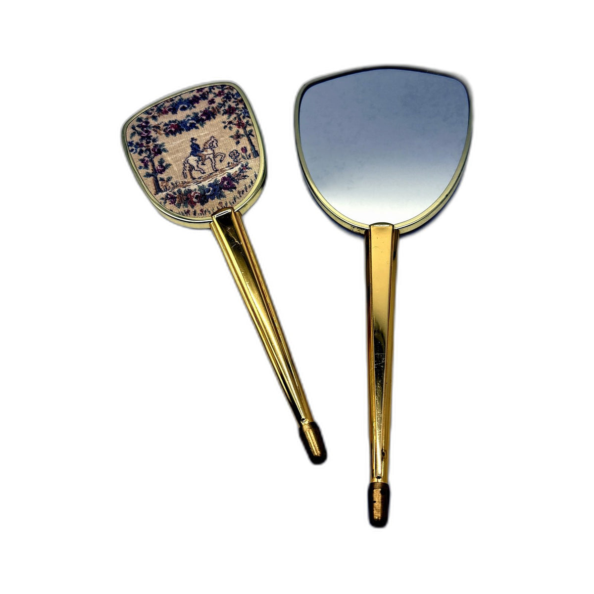 VINTAGE Hand Mirror and Brush Vanity Set Cream Beige Embroidered Tapestry